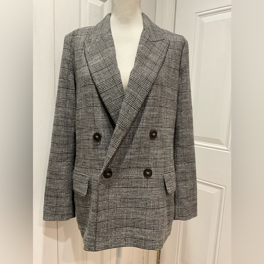 🍏H&M Women’s GreyBlack Plaid One Button Closure Lined Pocketed, Size 10